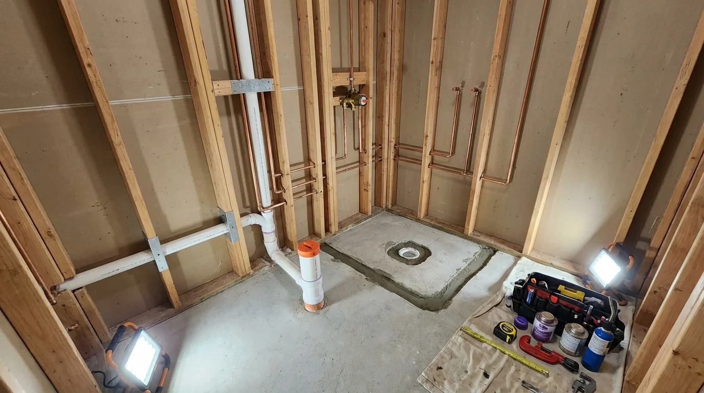 Bathroom rough-in plumbing during remodel by Johns Plumbing LLC in Woodlake