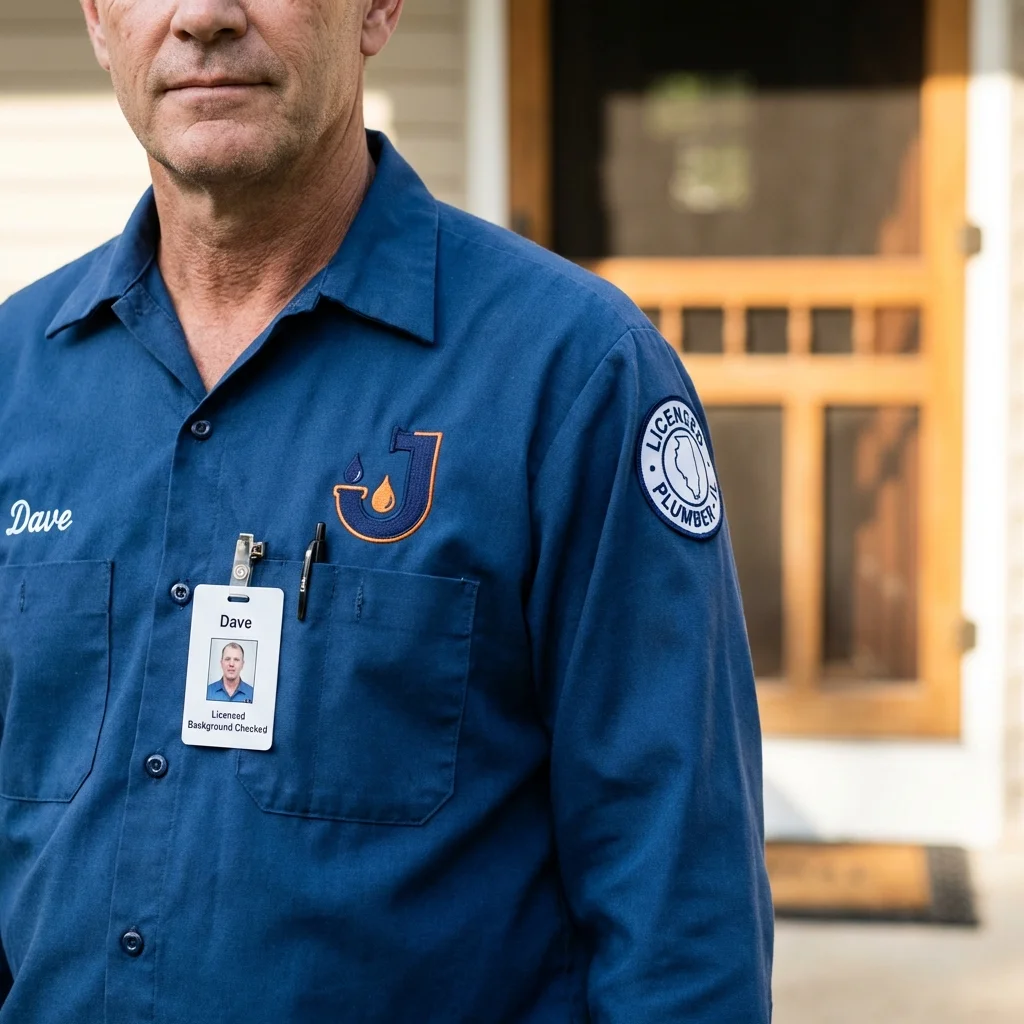 Licensed plumber showing ID badge in Woodlake, CA