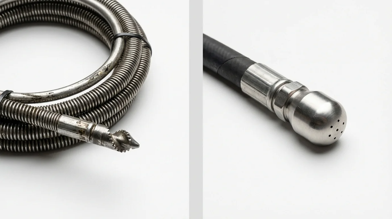 Drain snake cable and hydro jetting nozzle used for drain cleaning in Woodlake, CA