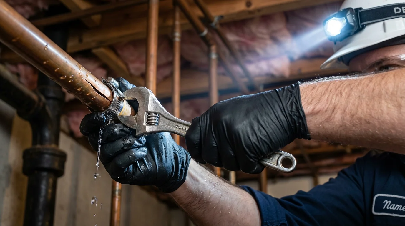 Emergency pipe clamp repair being performed by a Johns Plumbing LLC plumber in Woodlake