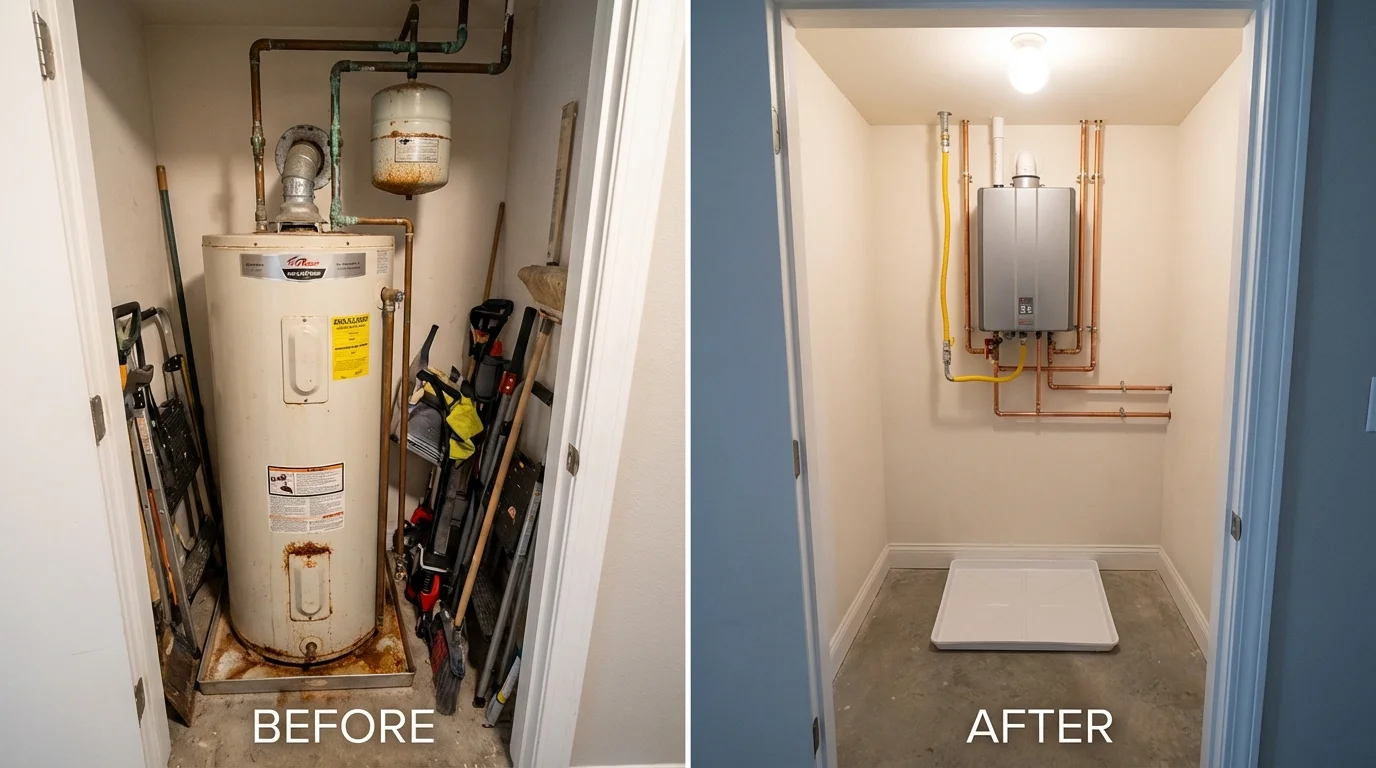 Tank water heater versus wall-mounted tankless unit comparison for Woodlake, CA homeowners