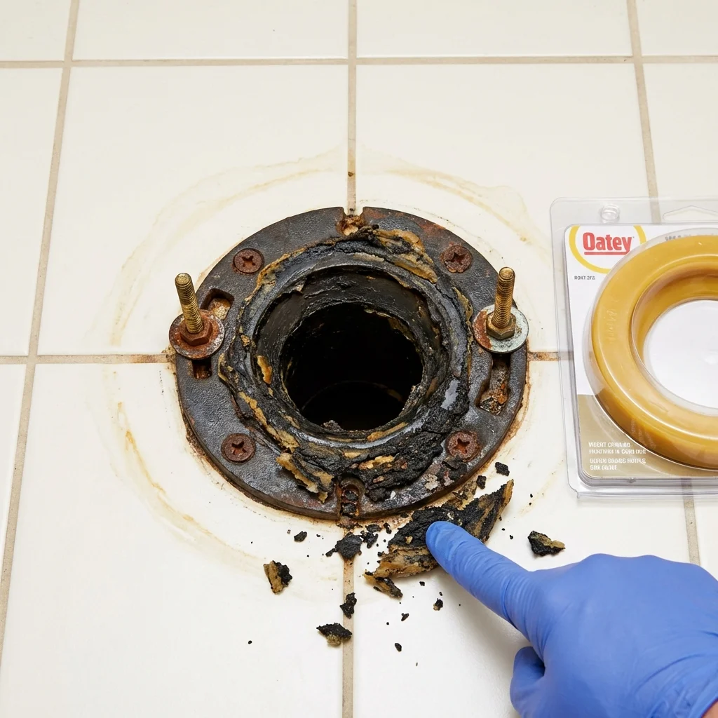 Failed wax ring showing water seepage at the base of a toilet in a Woodlake, CA home