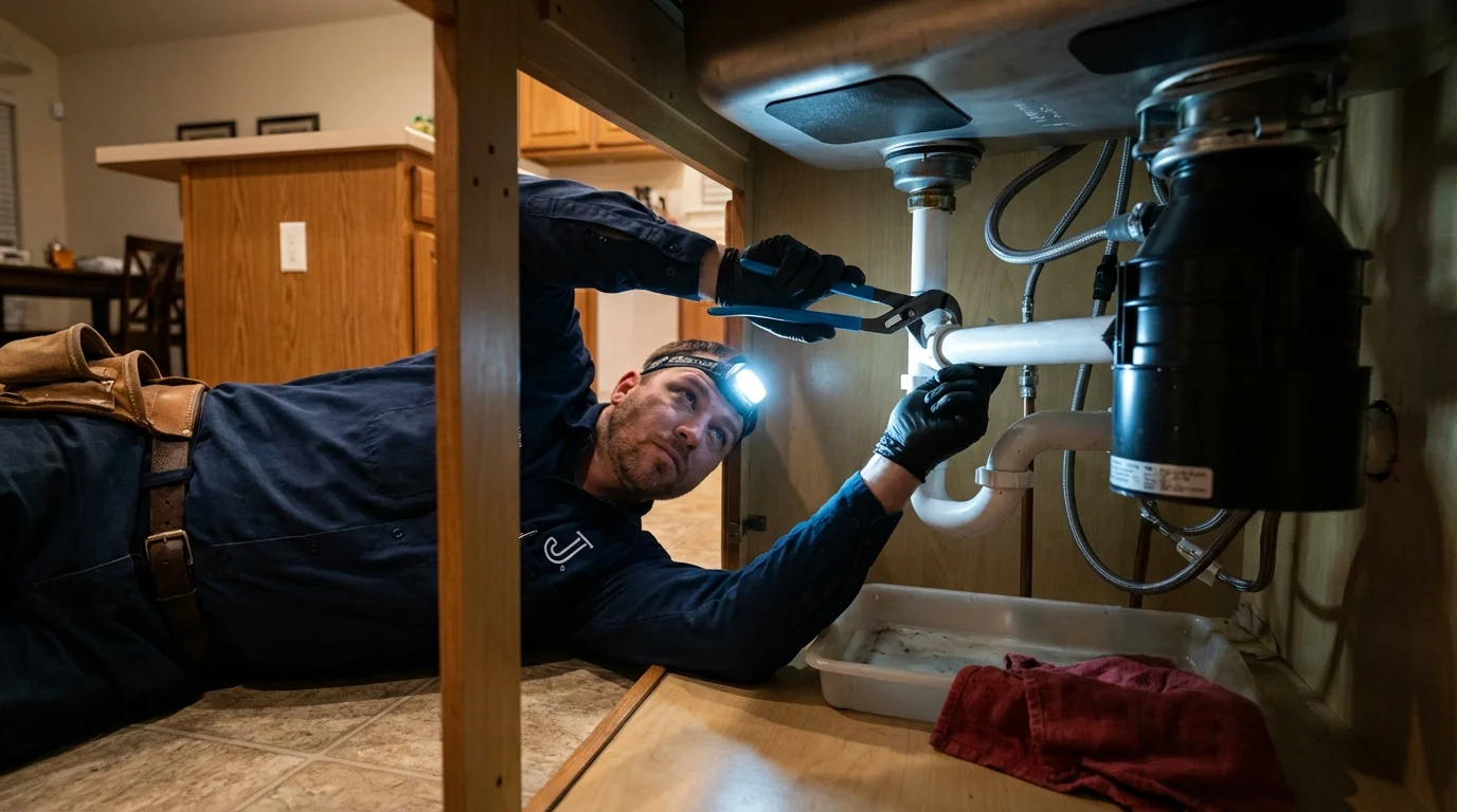 P-trap and supply line connections under a kitchen sink showing a common leak point in Woodlake, CA